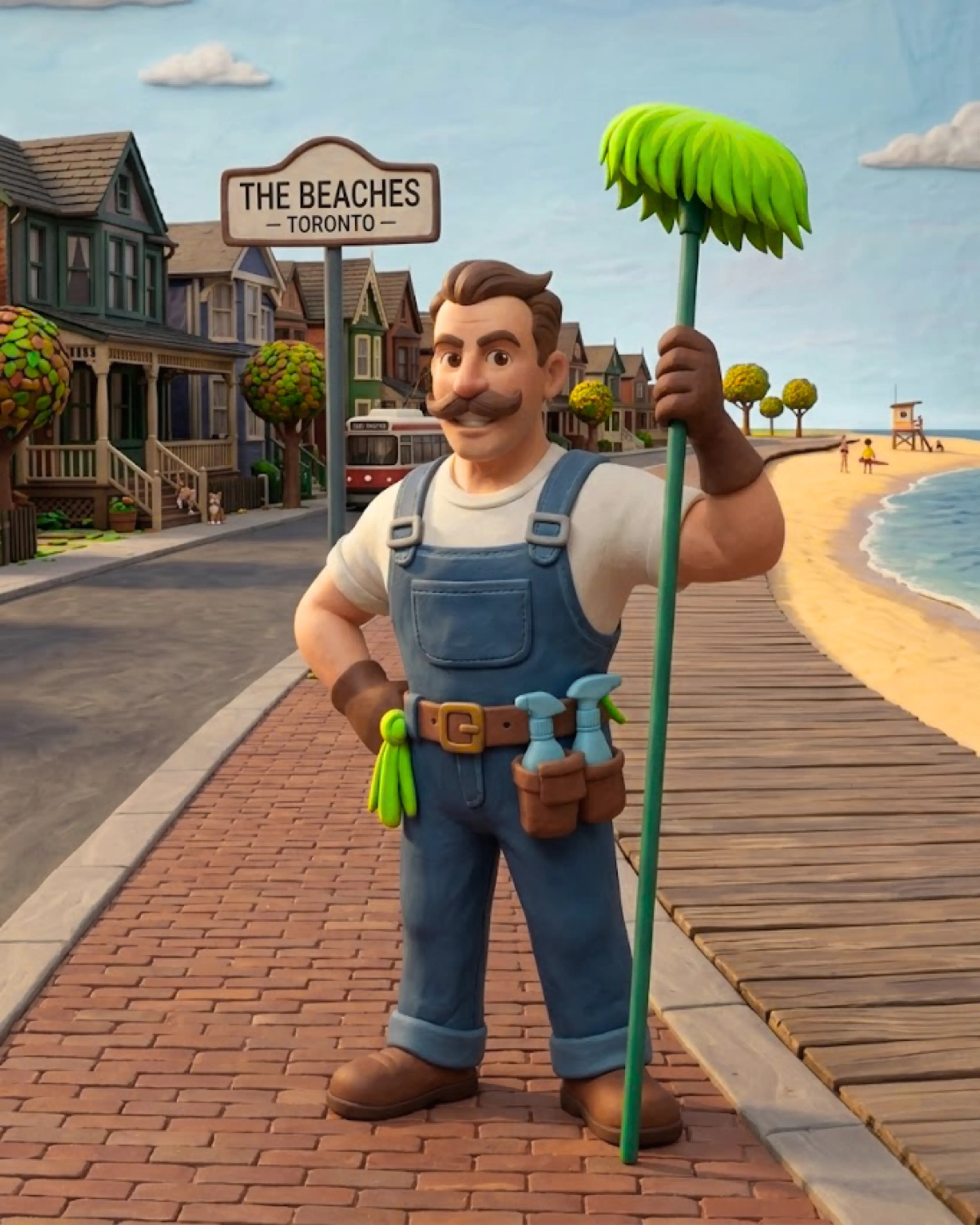 Clean Papi cleaner standing on The Beaches boardwalk with Toronto lakeside homes behind